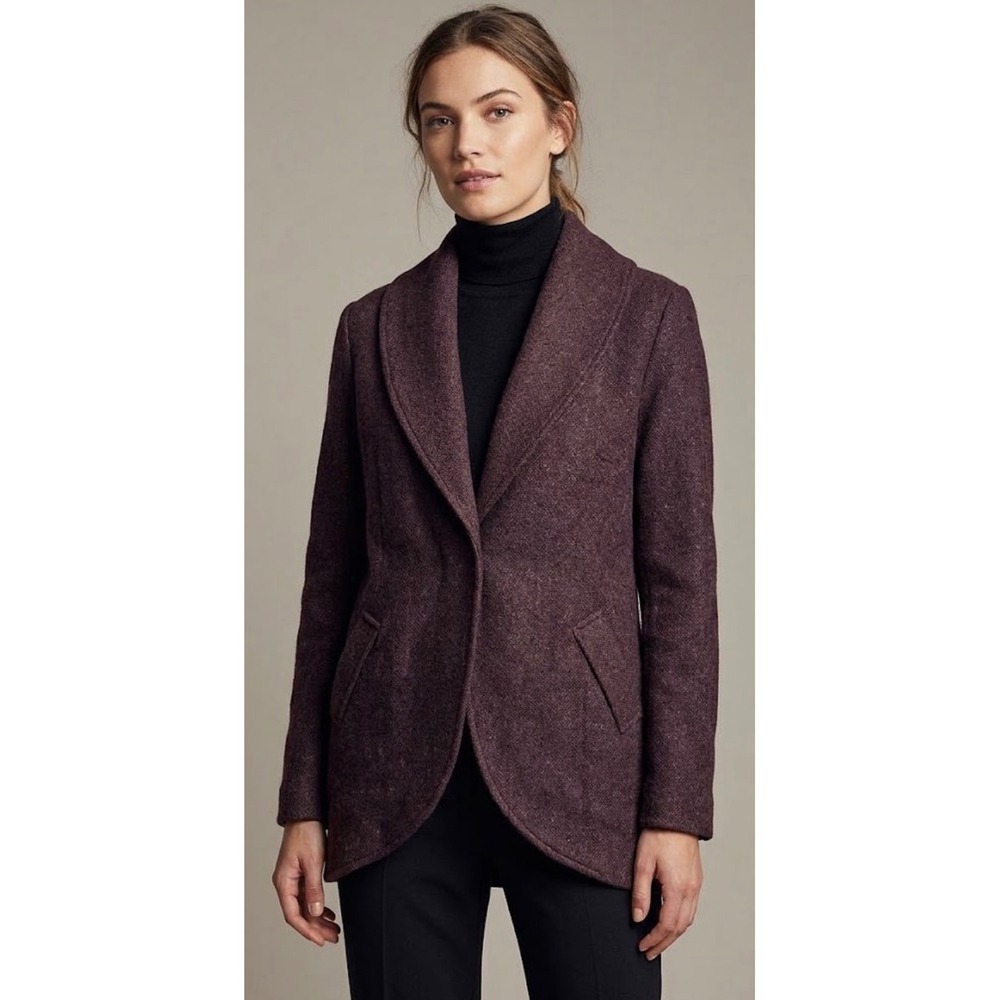 Anthropologie Lilka Burgundy Shawl Collar Snap Front Tulip Hem Jacket Size M